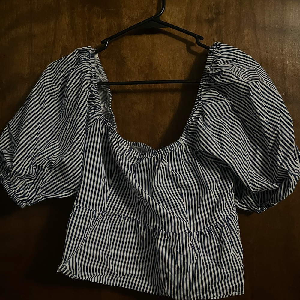 Navy Striped Puff Sleeve Blouse